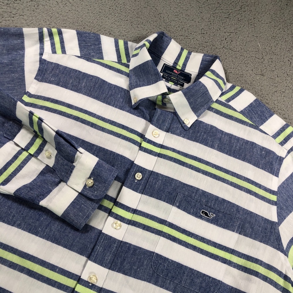 Vineyard Vines Shirt Mens 2XL Blue White Striped‎ Slim Fit Tucker Linen Blend